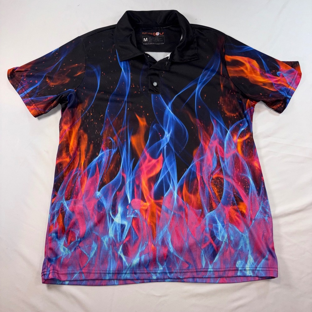 Play Loud Golf Mens Medium Polo Shirt Blue Orange Pink Flame Graphic Performance